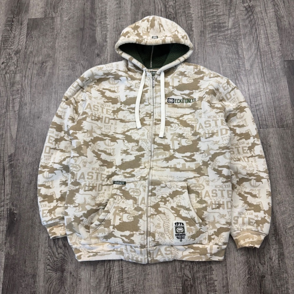 Ecko Unltd Camo All Over Print Heavyweight Sherpa Lined Zip Hoodie Y2K Skater XL